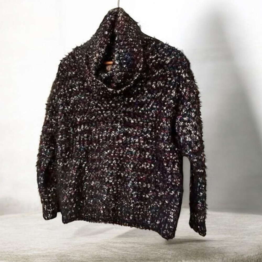 Philosophy XS Turtleneck Sweater Colorful Tweed Knit Pullover‎ Cozy Fuzzy Black